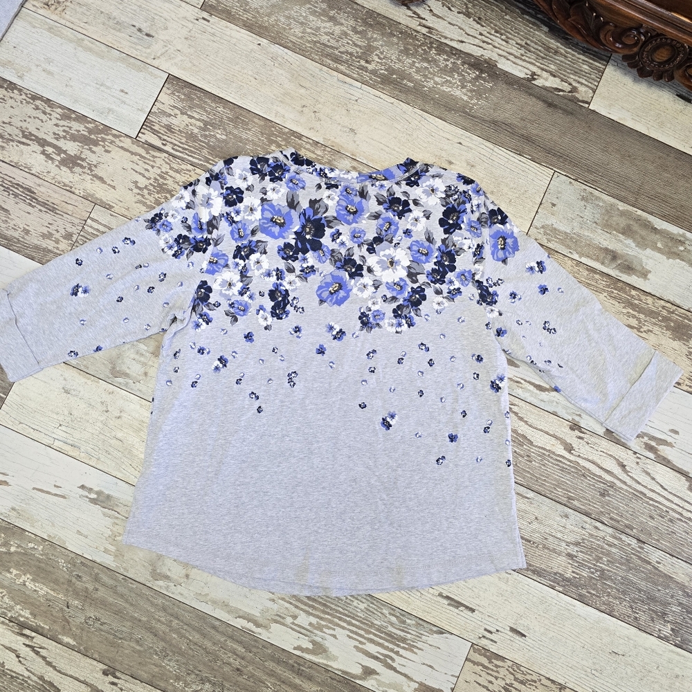 Karen Scott Women's Gray Blue Floral Printed Elbow-Sleeve Top Size XXL - Picture 2 of 8